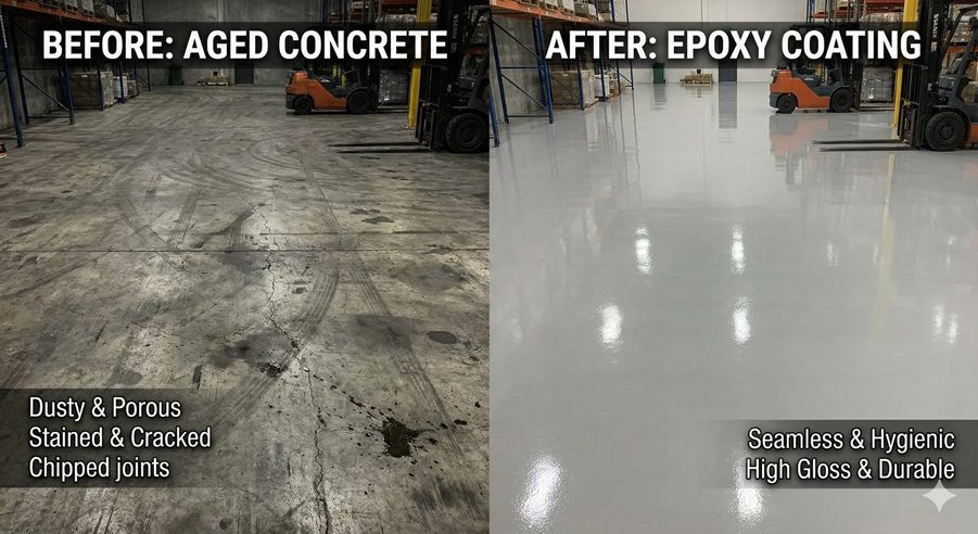Lantai Gudang Rusak vs Setelah Aplikasi Epoxy